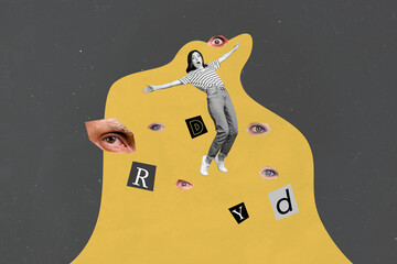 Composite 3D photo collage design trend sketch of young woman stand balance scream emoji face eye...