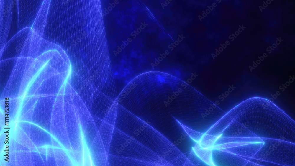 Poster abstract neon blue light waves on a dark background, creating a dynamic and futuristic energy flow. 
