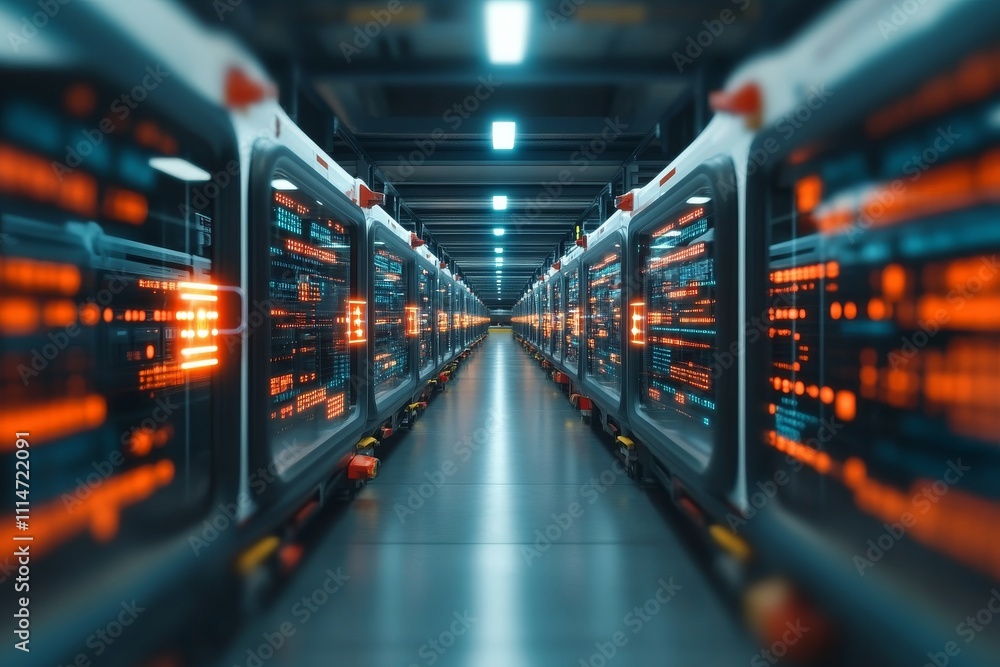 Poster inside a modern server room, rows of servers with glowing data panels create a symmetrical view, hig