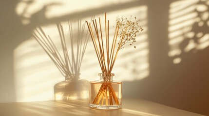 Fototapeta premium Reed Diffuser with Dried Flowers in Warm Sunlight