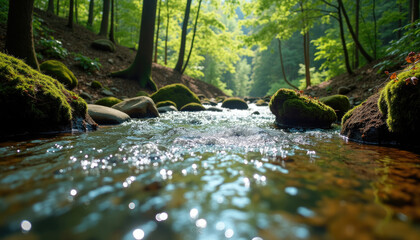 A serene forest stream flows gently over mossy rocks  sunlight dappling the water's surface.