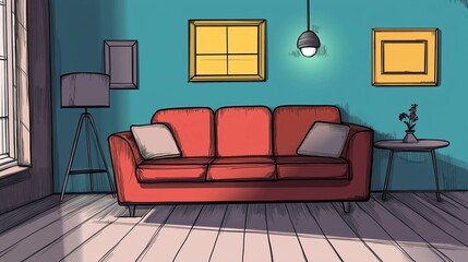 Living room interior with sofa lamp and blue wall background,minimal designs