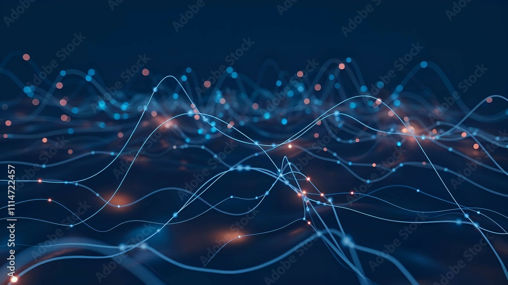 Poster neural network visualization with glowing nodes, representing artificial intelligence, data connecti