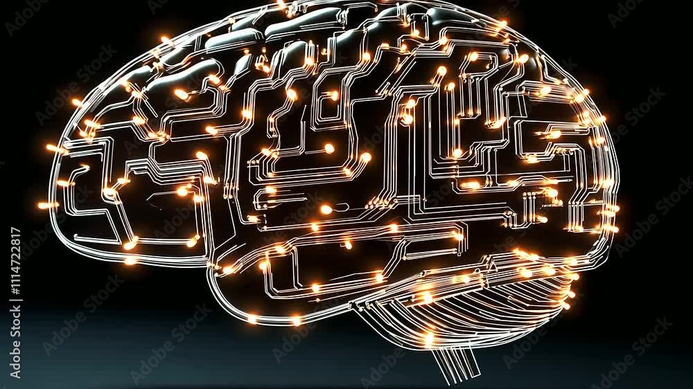 Poster a d brain with neon lights, symbolizing artificial intelligence and neural networks, on a plain dark