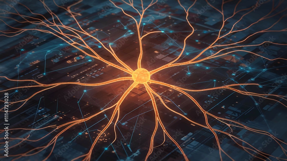 Poster glowing neuron with complex branches symbolizing neural networks, artificial intelligence, and machi