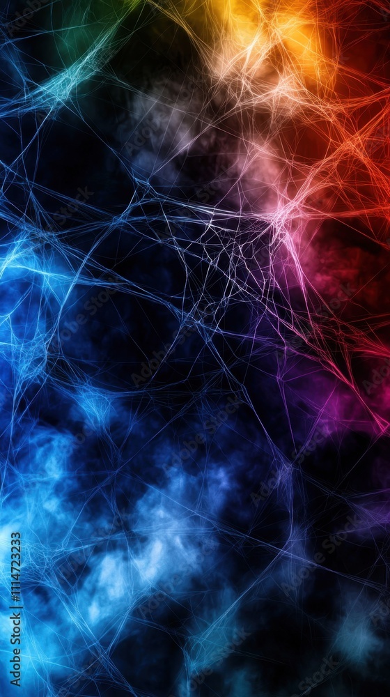 Poster a colorful, abstract image of a spider web with a blue background