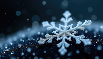 Fototapeta premium A single snowflake glistening with water droplets rests on a dark bokeh filled background.