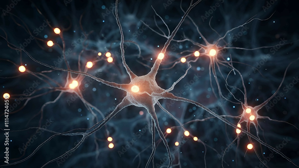 Poster conceptual image of glowing neural connections and synapses symbolizing communication in the human b