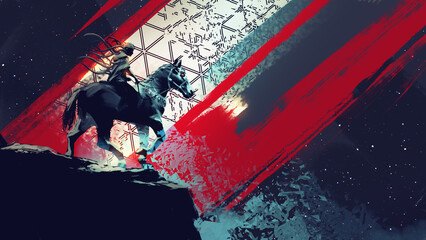 A man on a horse travels through a dark, sci-fi dimensional space filled with ominous energy and an evil, surreal atmosphere., digital art style, illustration painting © grandfailure