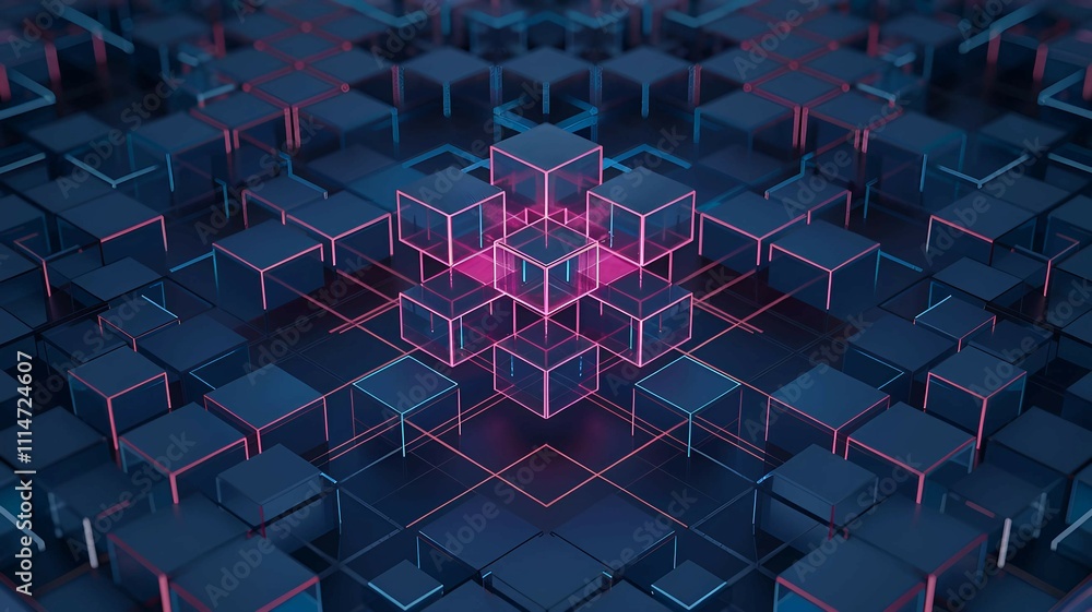 Poster 3d grid network with glowing cubes and a central highlighted node symbolizing blockchain technology 