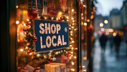 Christmas themed shop window featuring Shop Local sign with festive lights and holiday decor, promoting small business support. Shopping, sale, retail, promotion concept