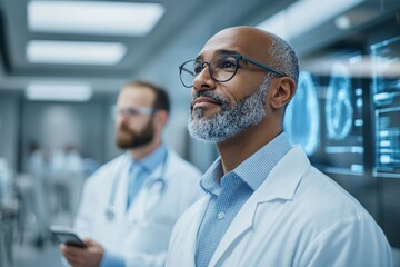 Fototapeta premium A confident doctor dressed in a white coat, wearing glasses, standing in a professional medical environment, representing expertise and dedication to healthcare.