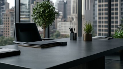 Fototapeta premium A sleek and minimalistic office desk setup featuring modern accessories is positioned in front of large windows overlooking a bustling metropolis, highlighting professionalism.