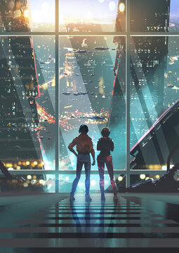 Fototapeta A couple, including a woman, gazes at a futuristic sci-fi cityscape with towering buildings, viewed through a large window, digital art style, illustration painting