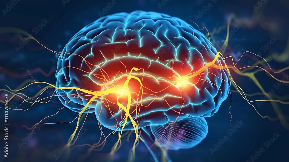 Poster close-up of the human brain with highlighted neural pathways showing electrical activity and concept