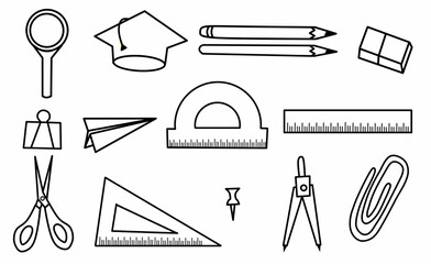 Set of stationery icons in simple line design. Consists of pencil, ruler, eraser, compass and other writing tools. Ideal for education, school or office related designs. Suitable for decorative elemen