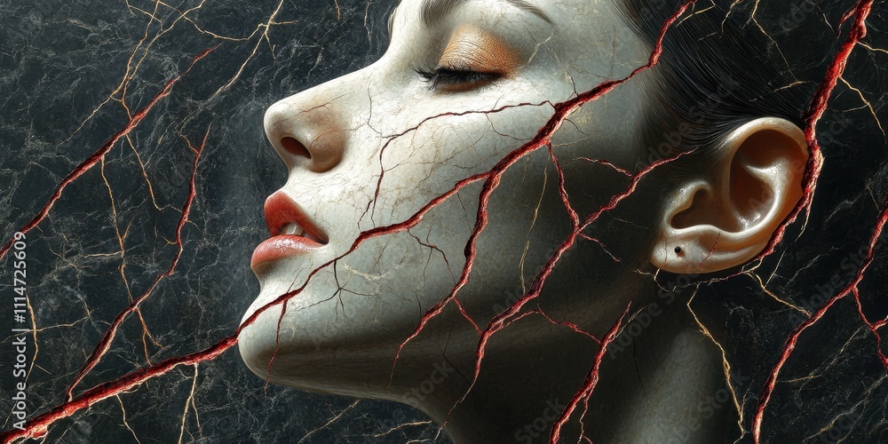 Poster embracing vulnerability through artistic expression in an abstract portrait of a cracked facade