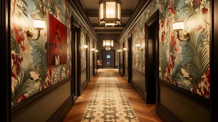 Opulent Hallway with Exquisite Floral Wallpaper