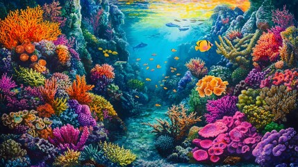 Fototapeta premium Vibrant coral reef teeming with colorful fish and diverse marine life under sunlit water.
