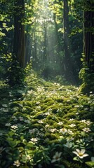 Obraz premium Winding forest path leading through a serene lush green landscape filled with towering trees vibrant plants and a gentle play of sunlight and shadows creating an enchanting