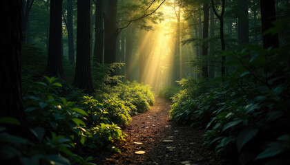 Fototapeta premium Sunbeams illuminate a forest path creating a magical and serene atmosphere.