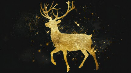 Festive greeting card with a golden reindeer silhouette, sparkling with glitter and set against a grunge-style dark black backdrop.