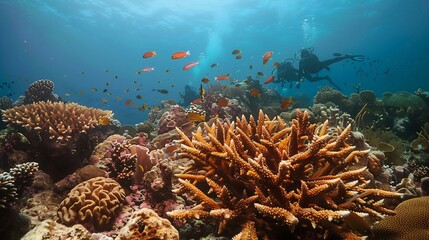 Fototapeta premium Reef diving coral reef vibrant corals tropical fish highlighting marine beauty and underwater scenery Enjoy a dive adventure and underwater photography among diverse fish species and coral formations