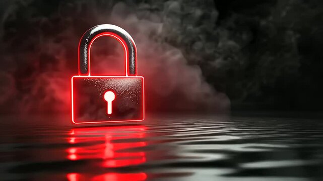 A glowing red padlock with bold light reflections and smoke effects, suspended in a dark atmosphere to convey impenetrable digital protection.