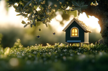 Birdhouse Hanging on a Tree Branch - Charming Nature Scene Providing Shelter for Birds