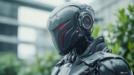 Fototapeta premium A sleek futuristic robot helmet featuring intricate designs and an illuminating red display, embodying technological advancement and modern sci-fi style.