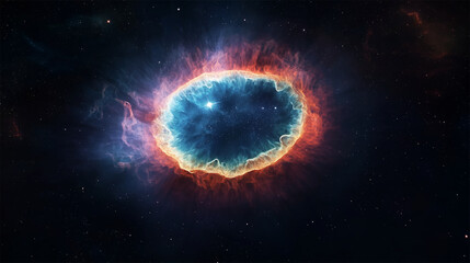 Naklejka premium Vivid Ring Nebula Showcasing Glowing Ionized Gas in Expanding Stellar Remnant 