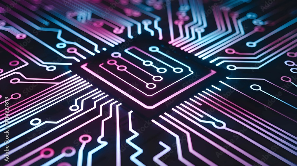 Poster a vibrant digital circuit board with intricate patterns, showcasing the core of electronic technolog