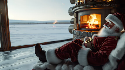 Santa Relaxing in a Snowy Cabin. Santa sitting with his feet up by the fireplace in a cozy cabin, enjoying a moment of rest before his big journey