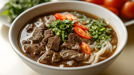 Aromatic pho asian traditional, authentic food vietnamese bowl, flavorful cuisine soup healthy, savory dinner beef spicy, delectable meal noodle, top view, copy space.