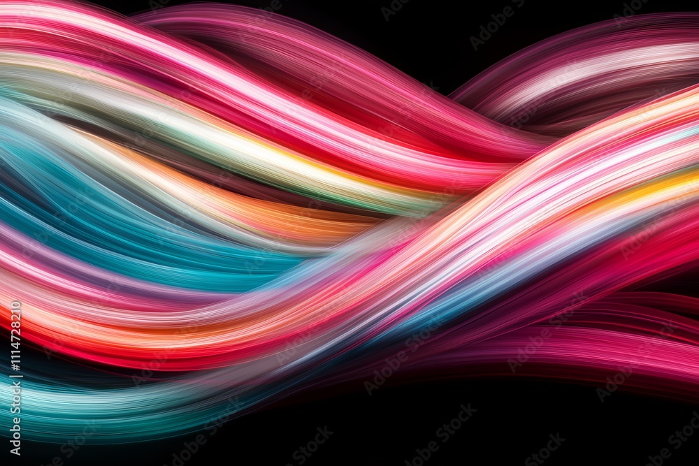 Poster a dynamic swirl of vibrant, intertwining, multicolored streaks on a dark background creates an energ