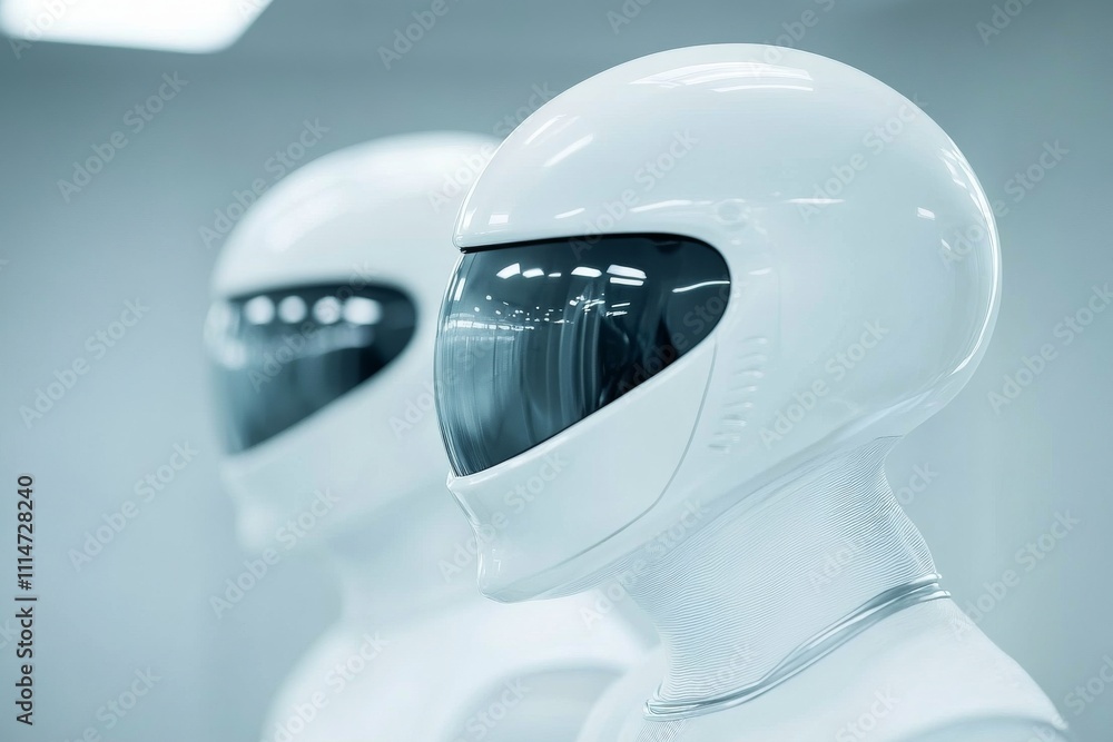 Poster two sleek, futuristic robotic helmets with reflective visors, reminiscent of advanced technology and