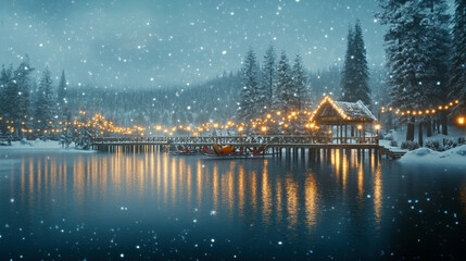 Fototapeta premium A serene winter scene featuring a snow-covered lake, festive string lights, and a wooden pier, surrounded by pine trees and falling snow. 