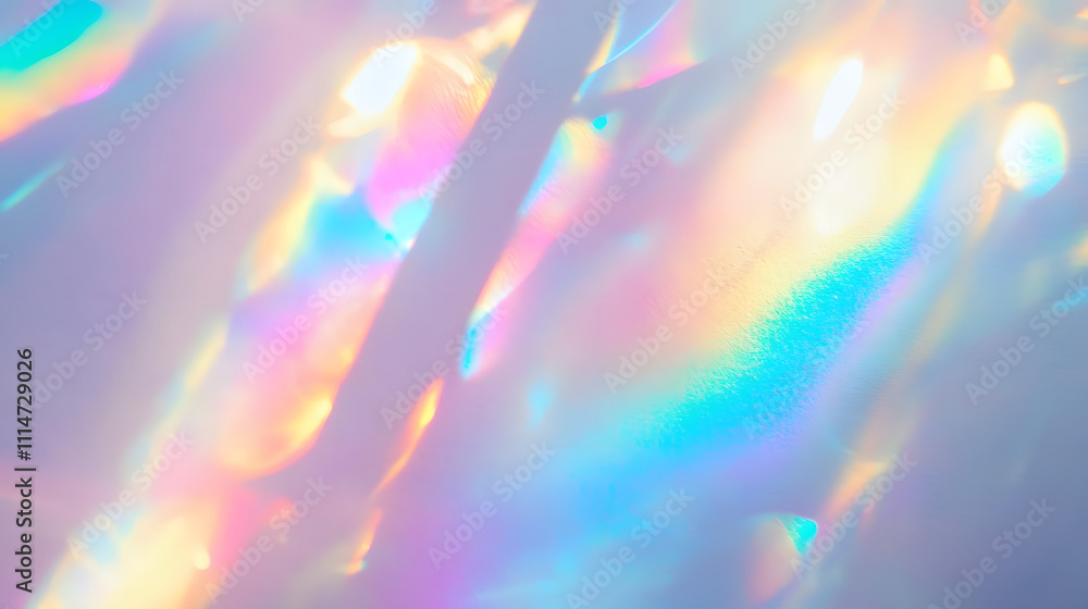Poster dreamy holographic rainbow light refraction texture overlay with abstract soft bokeh effect on a whi