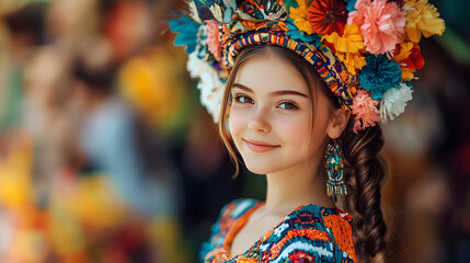 Fototapeta premium Joyful girl child kid, enchanting folklore dress beautiful, vibrant culture traditional summer, graceful costume woman tradition, folk heritage celebration.