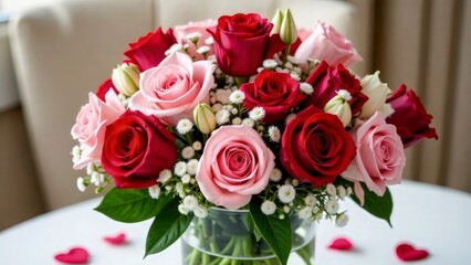 A close-up of a lush floral arrangement with a mixture of red roses, pink tulips, white lilies, and baby's breath. The flowers are arranged in a clear glass vase filled with water