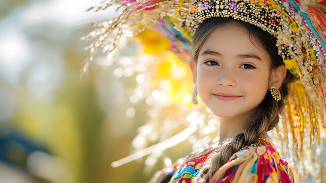 Joyful girl child kid, enchanting folklore dress beautiful, vibrant culture traditional summer, graceful costume woman tradition, folk heritage celebration.