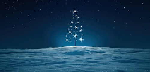 Naklejka premium Minimalist greeting card showing a constellation of stars forming a Christmas tree shape above a snowy horizon.
