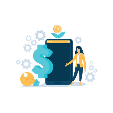 Finance growth illustration. Character analyzing investments, celebrating financial success and money growth. Money increasing concept. Vector illustration.	
