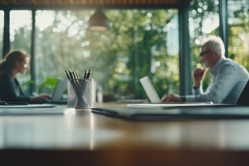 The image captures two blurred office workers using their laptops in a brightly lit workspace, emphasizing concentration and a collaborative work environment.