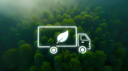 Green logistic or Sustainable transport concept. Truck icon transport logistics travel with clean energy, eco friendly process on forest background to Net zero carbon emission energy electric delivery