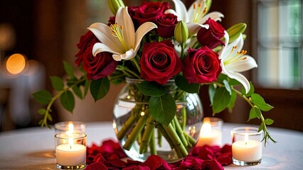 Obraz premium A close-up of an opulent centerpiece consisting of a glass vase filled with a mix of long-stemmed red roses, white lilies, and trailing ivy