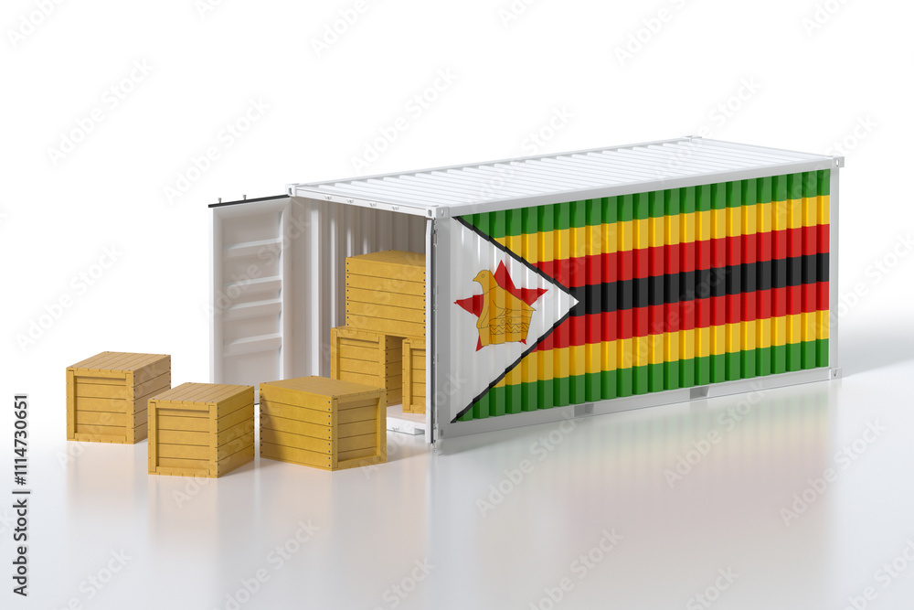 Poster cargo container with zimbabwe flag being unloaded with wooden crates on white background