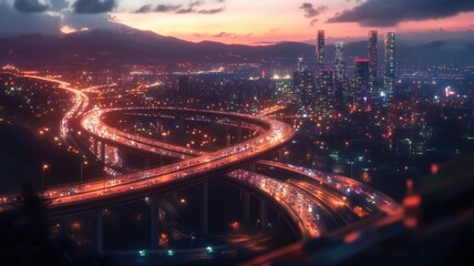 Highway interchange traffic jam at sunset in modern cityscape