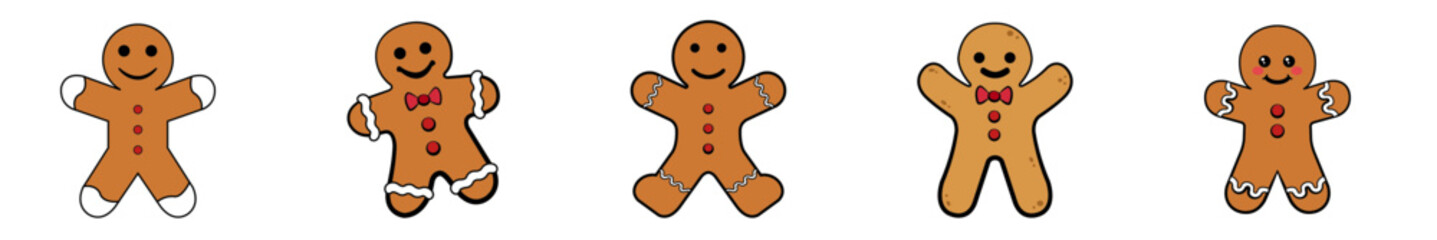 set of gingerbread christmas cookies classic ginger bread Noel holiday sweet dessert isolated on white background with stroke Xmas cute biscuits Vector illustration