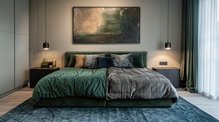 Fototapeta premium A green bed with a dark green quilt cover and black pillows